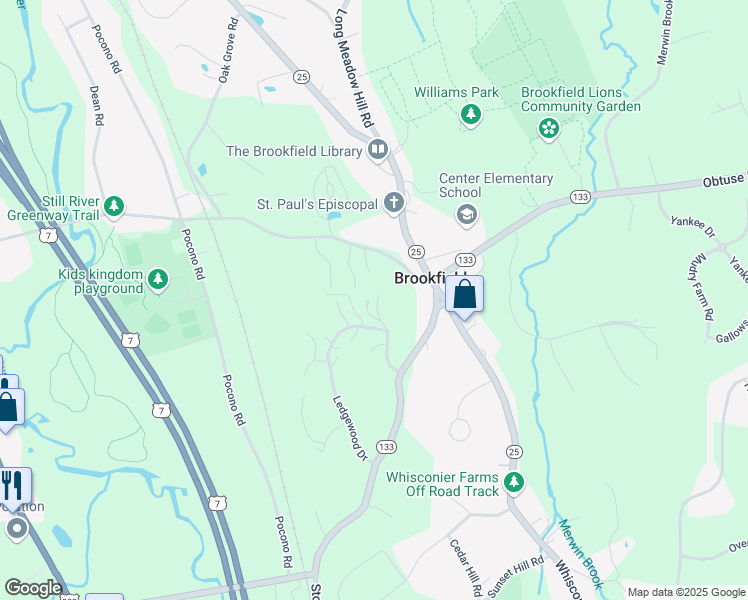 map of restaurants, bars, coffee shops, grocery stores, and more near 99 Brooks Lane in Brookfield