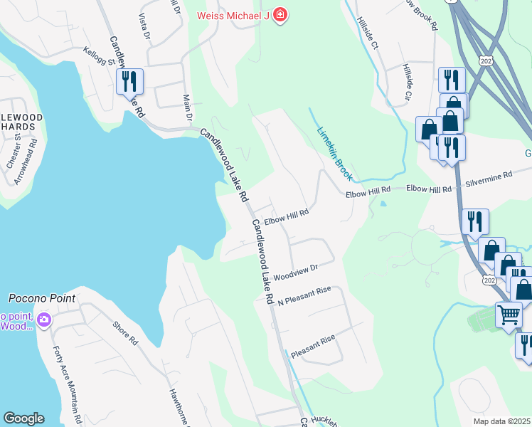 map of restaurants, bars, coffee shops, grocery stores, and more near 213 Candlewood Lake Road in Brookfield