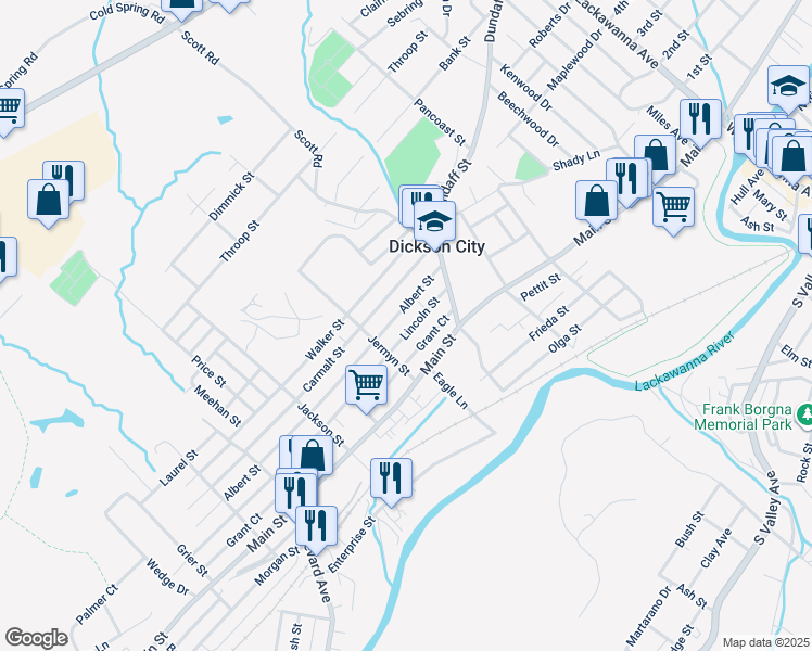 map of restaurants, bars, coffee shops, grocery stores, and more near 1057 Lincoln Street in Dickson City