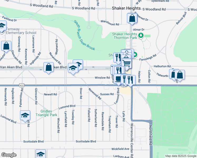 map of restaurants, bars, coffee shops, grocery stores, and more near 19806 Van Aken Boulevard in Shaker Heights