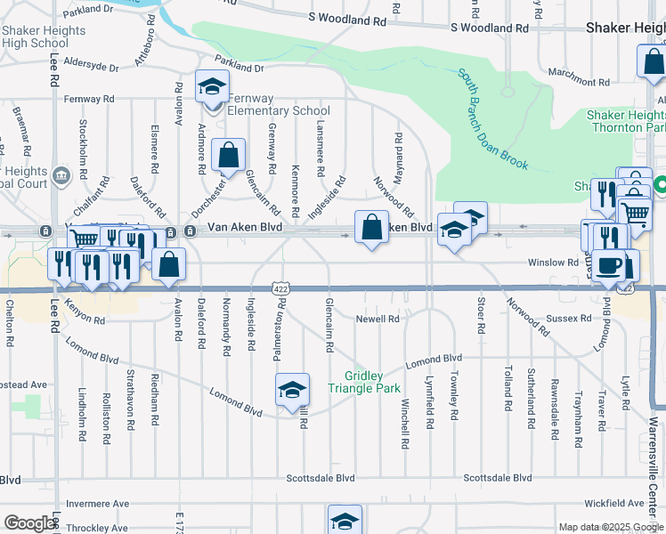 map of restaurants, bars, coffee shops, grocery stores, and more near 3449 Glencairn Road in Shaker Heights