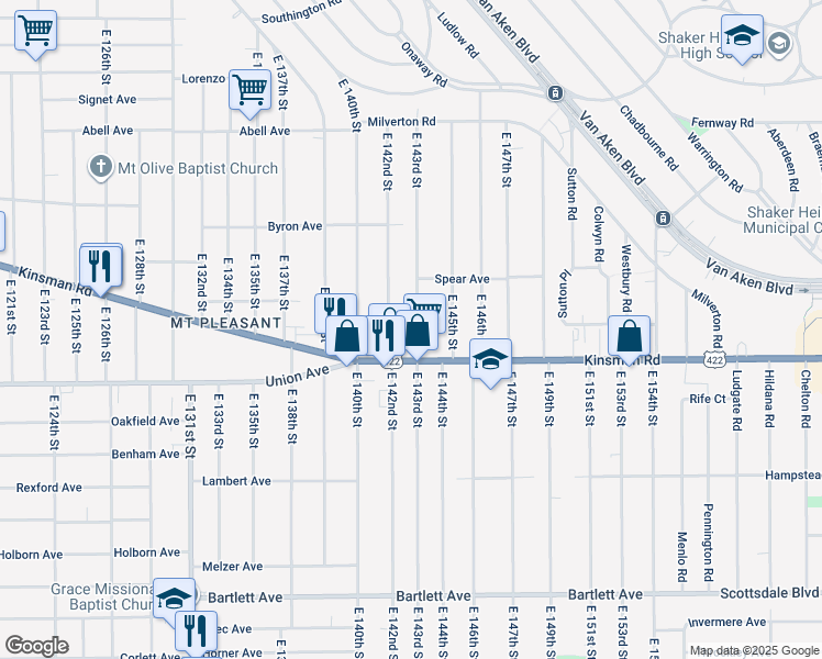 map of restaurants, bars, coffee shops, grocery stores, and more near 3435 East 143rd Street in Cleveland