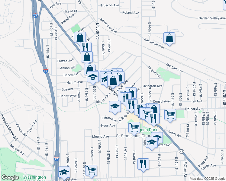 map of restaurants, bars, coffee shops, grocery stores, and more near 5739 Broadway Avenue in Cleveland