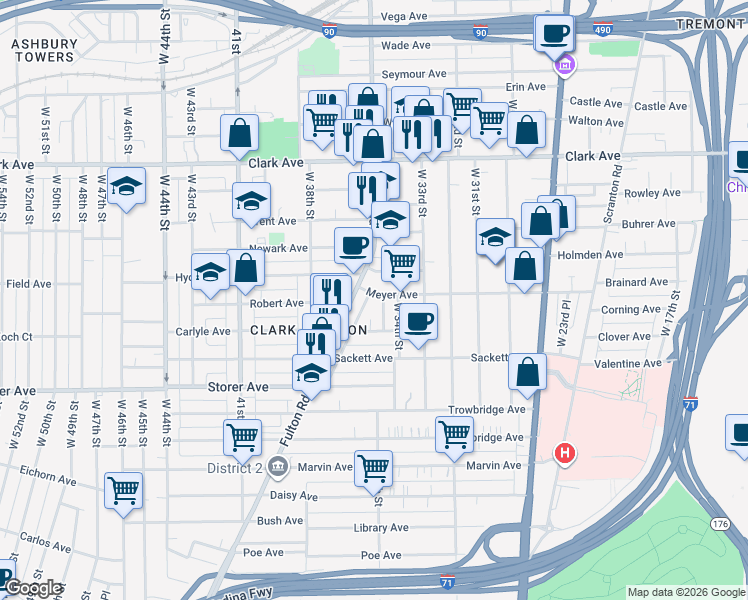 map of restaurants, bars, coffee shops, grocery stores, and more near in Cleveland