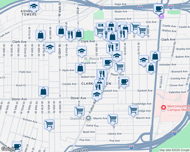 map of restaurants, bars, coffee shops, grocery stores, and more near 3905 Hyde Avenue in Cleveland