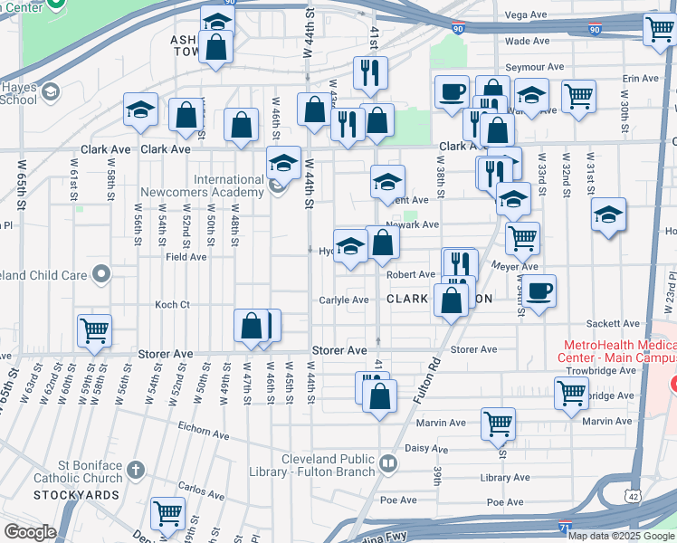 map of restaurants, bars, coffee shops, grocery stores, and more near 3234 West 43rd Street in Cleveland