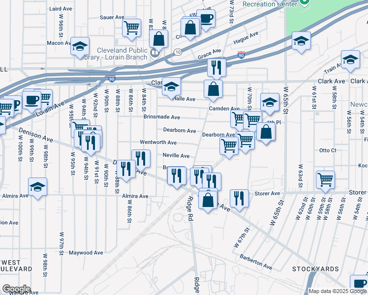 map of restaurants, bars, coffee shops, grocery stores, and more near 7703 Dearborn Avenue in Cleveland