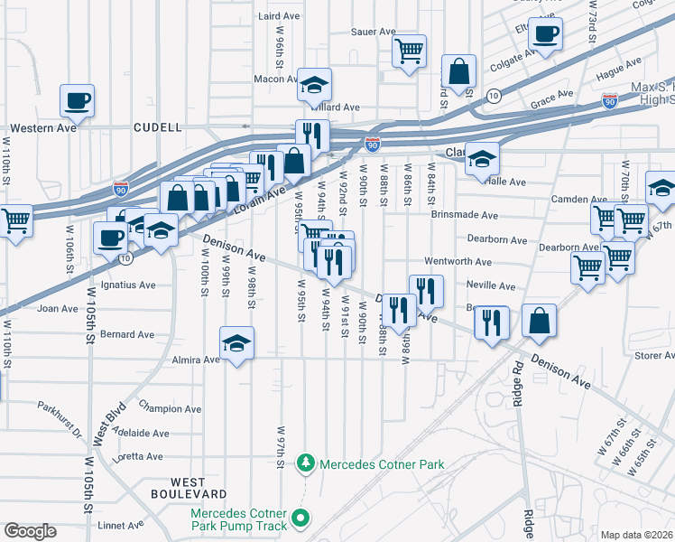 map of restaurants, bars, coffee shops, grocery stores, and more near 3220 West 92nd Street in Cleveland