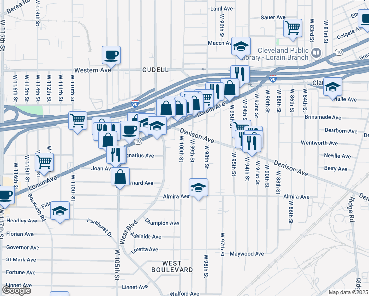 map of restaurants, bars, coffee shops, grocery stores, and more near 9917 Denison Avenue in Cleveland