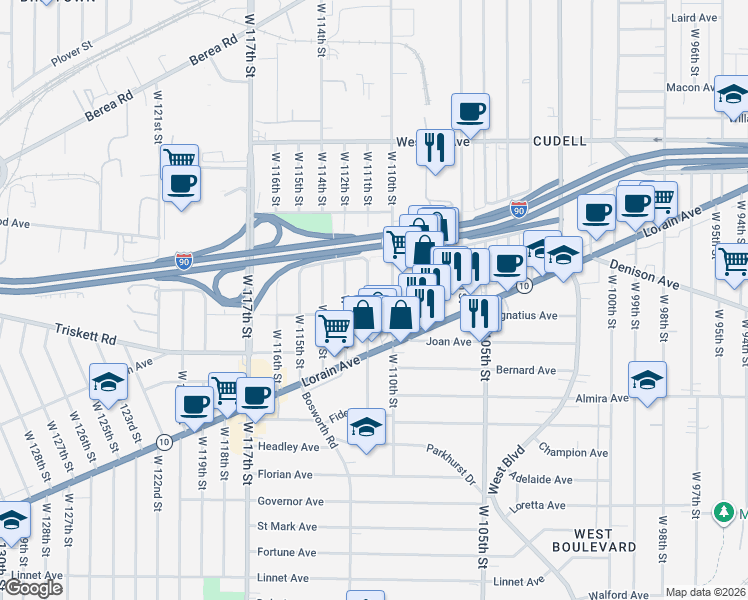 map of restaurants, bars, coffee shops, grocery stores, and more near 3171 West 111th Street in Cleveland
