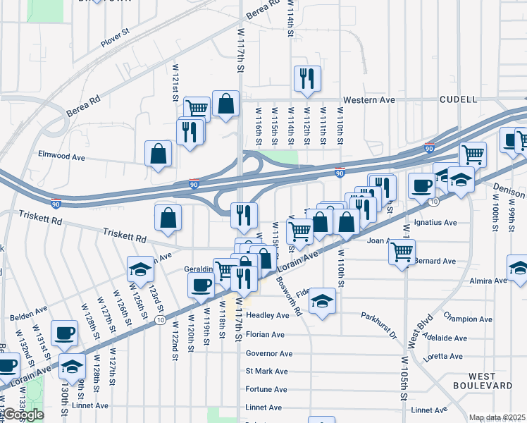 map of restaurants, bars, coffee shops, grocery stores, and more near 3188 West 116th Street in Cleveland