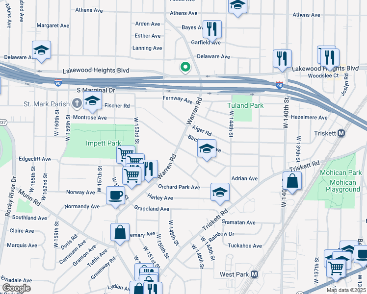 map of restaurants, bars, coffee shops, grocery stores, and more near 3160 Warren Road in Cleveland
