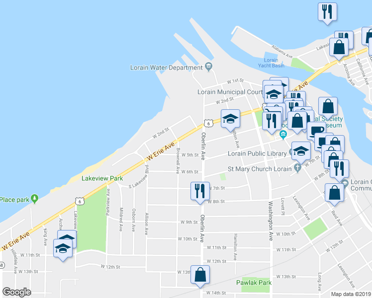 map of restaurants, bars, coffee shops, grocery stores, and more near 1239 West Erie Avenue in Lorain