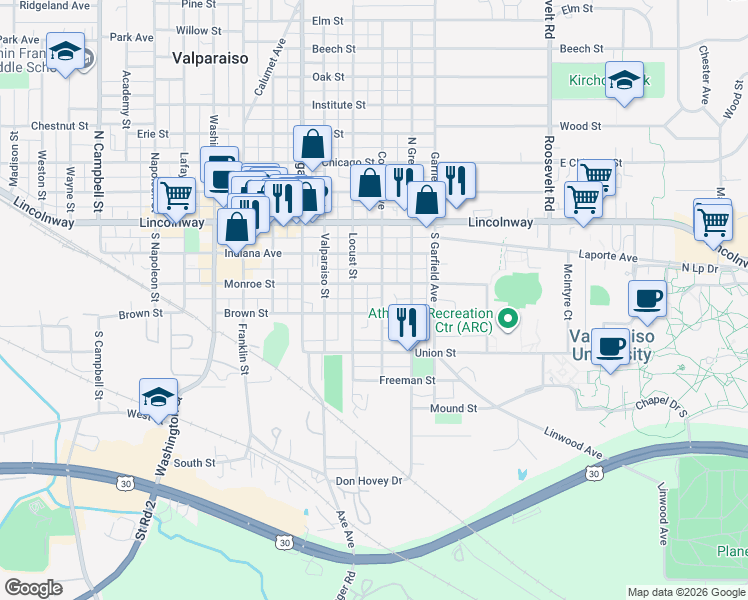 map of restaurants, bars, coffee shops, grocery stores, and more near 158 College Avenue in Valparaiso