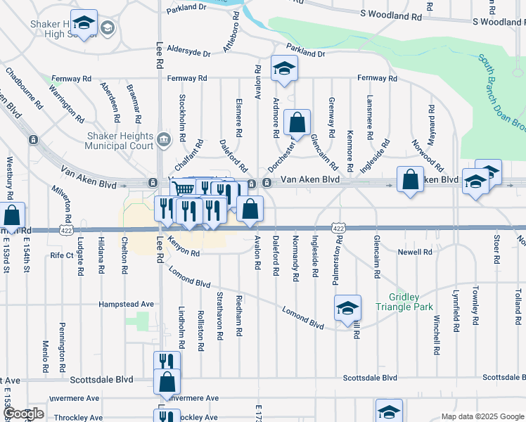 map of restaurants, bars, coffee shops, grocery stores, and more near 3469 Avalon Road in Shaker Heights