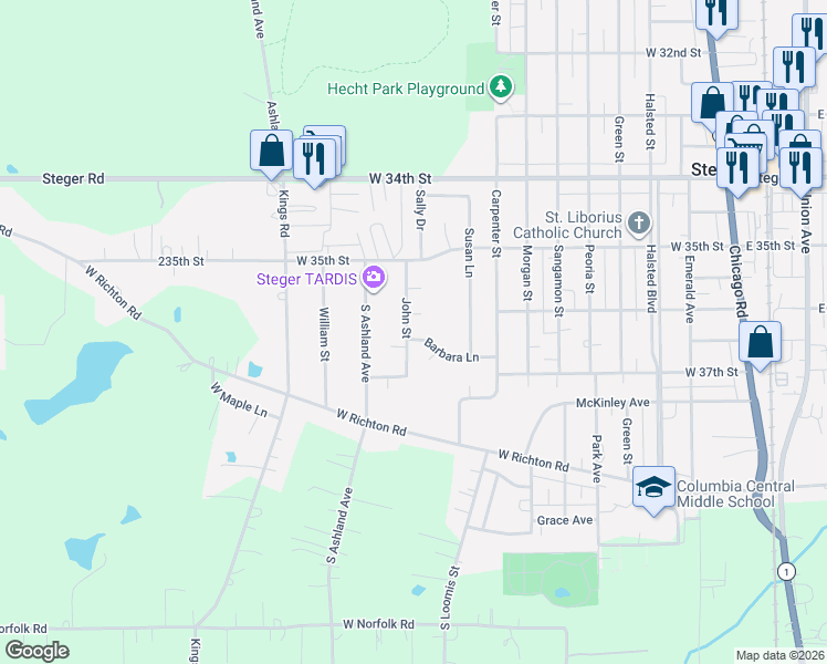map of restaurants, bars, coffee shops, grocery stores, and more near 223 Christine Court in Steger