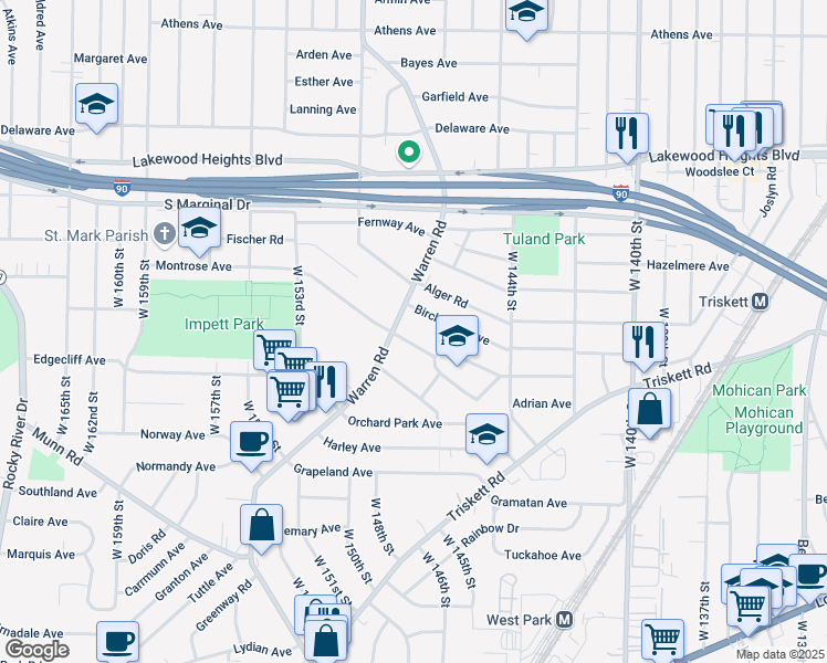map of restaurants, bars, coffee shops, grocery stores, and more near 14624 Birchwood Avenue in Cleveland