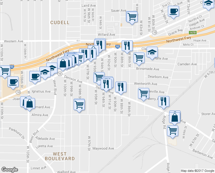 map of restaurants, bars, coffee shops, grocery stores, and more near 3220 West 92nd Street in Cleveland