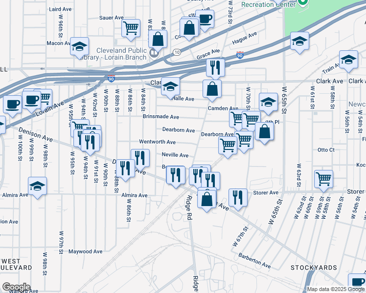 map of restaurants, bars, coffee shops, grocery stores, and more near 7703 Dearborn Avenue in Cleveland