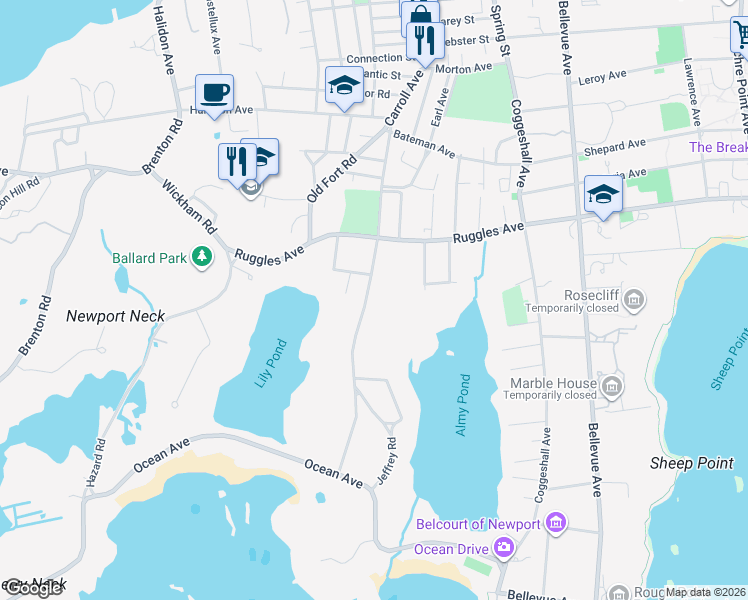 map of restaurants, bars, coffee shops, grocery stores, and more near 127 Carroll Avenue in Newport