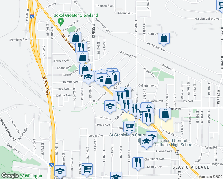 map of restaurants, bars, coffee shops, grocery stores, and more near 5949 Engel Avenue in Cleveland