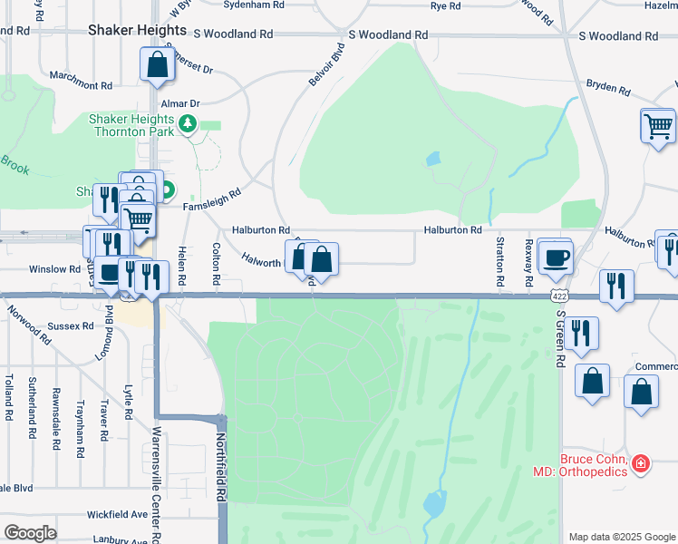map of restaurants, bars, coffee shops, grocery stores, and more near 21501 Halworth Road in Shaker Heights