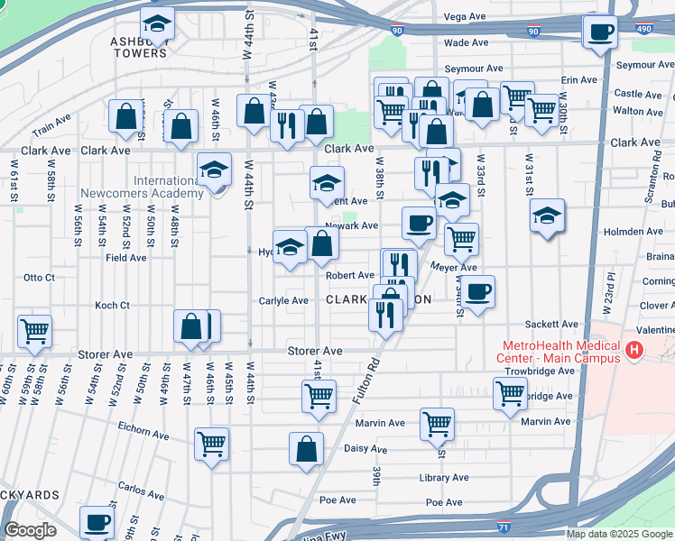 map of restaurants, bars, coffee shops, grocery stores, and more near 3920 Hyde Avenue in Cleveland
