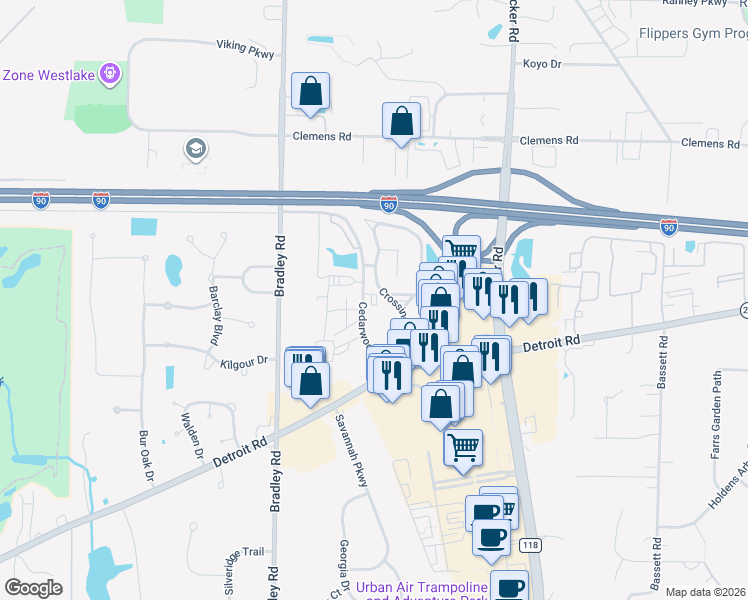 map of restaurants, bars, coffee shops, grocery stores, and more near 1544 Cedarwood Drive in Westlake