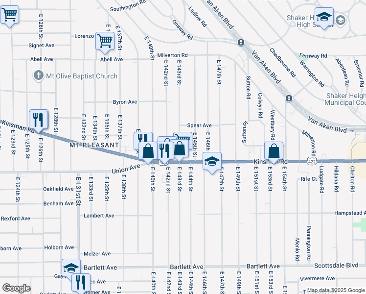 map of restaurants, bars, coffee shops, grocery stores, and more near 3435 East 143rd Street in Cleveland