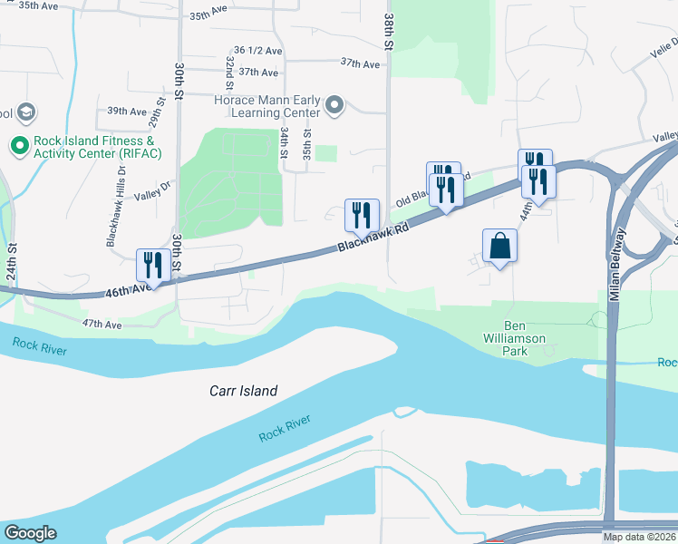 map of restaurants, bars, coffee shops, grocery stores, and more near 3600-3610 Blackhawk Road in Rock Island