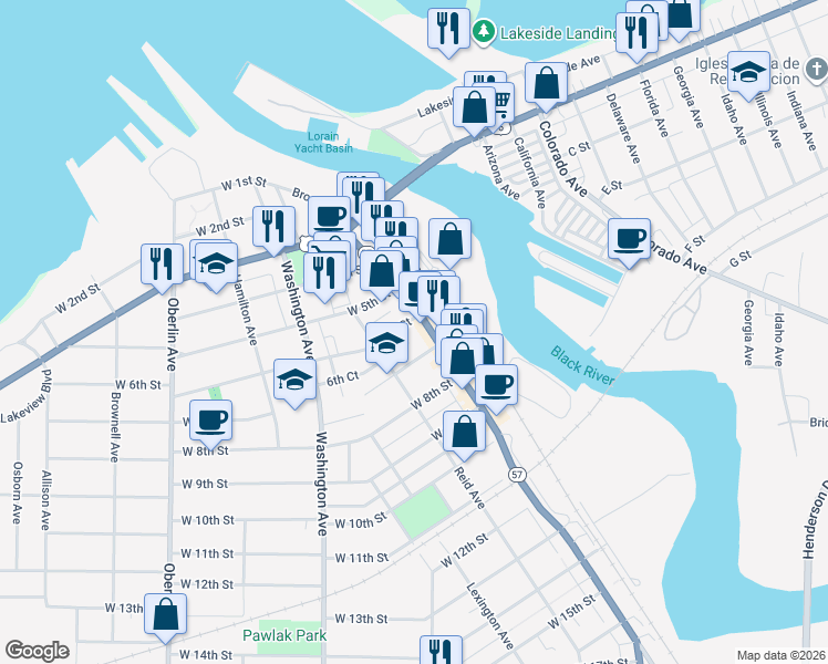 map of restaurants, bars, coffee shops, grocery stores, and more near 610 Broadway in Lorain