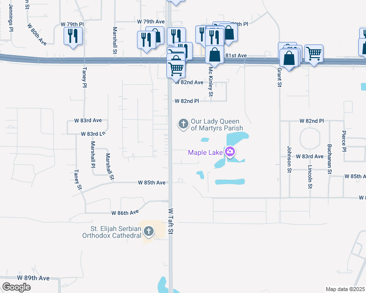 map of restaurants, bars, coffee shops, grocery stores, and more near 2040 West 84th Place in Merrillville