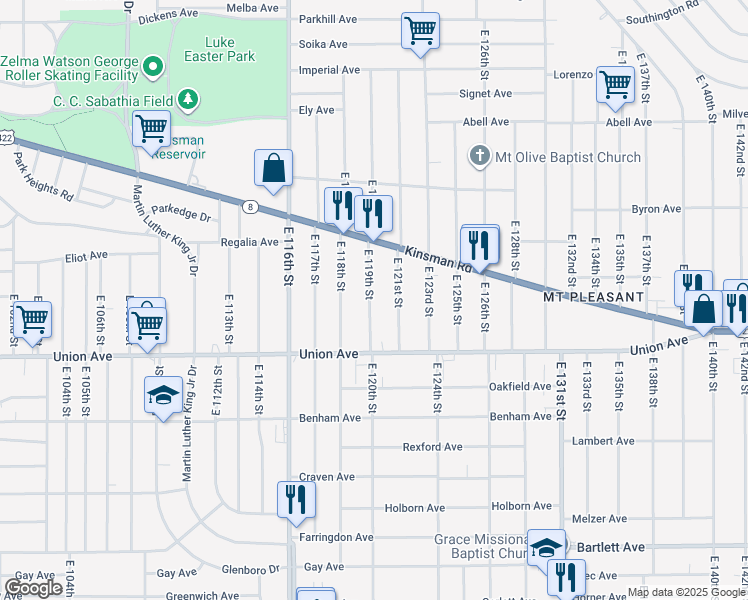 map of restaurants, bars, coffee shops, grocery stores, and more near 3429 East 119th Street in Cleveland