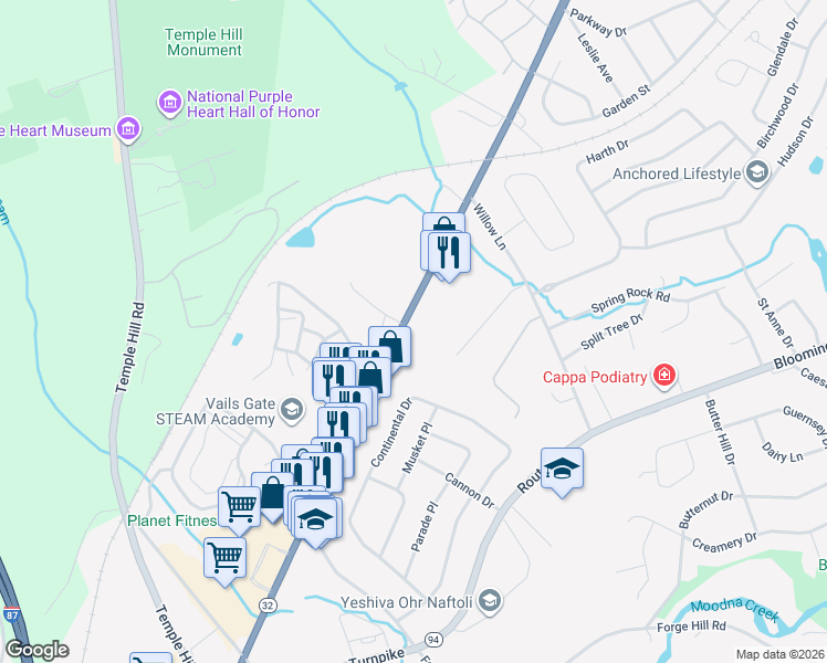 map of restaurants, bars, coffee shops, grocery stores, and more near 300 Windsor Highway in New Windsor