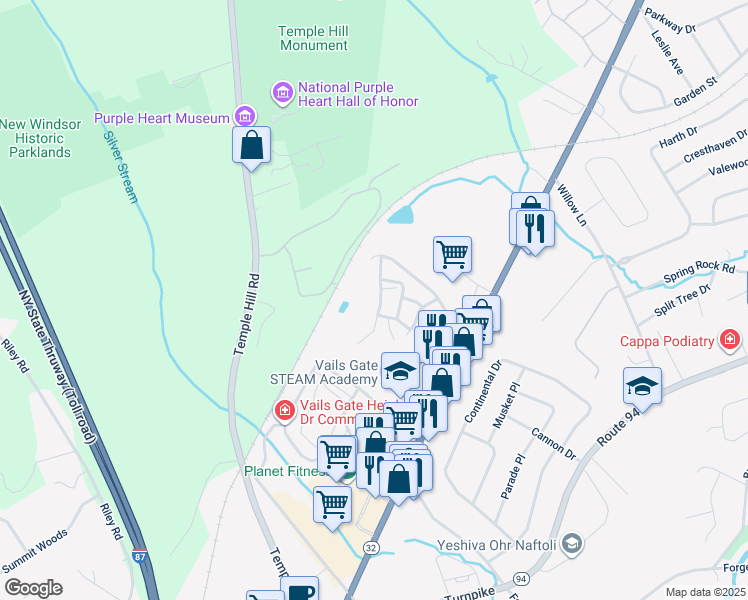 map of restaurants, bars, coffee shops, grocery stores, and more near 1152 Washington Green in New Windsor