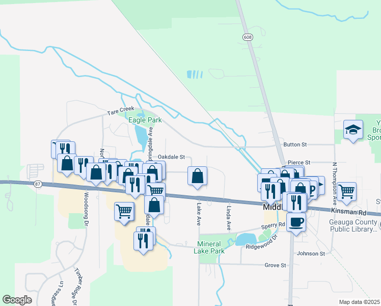 map of restaurants, bars, coffee shops, grocery stores, and more near 15712 Oakdale Street in Middlefield