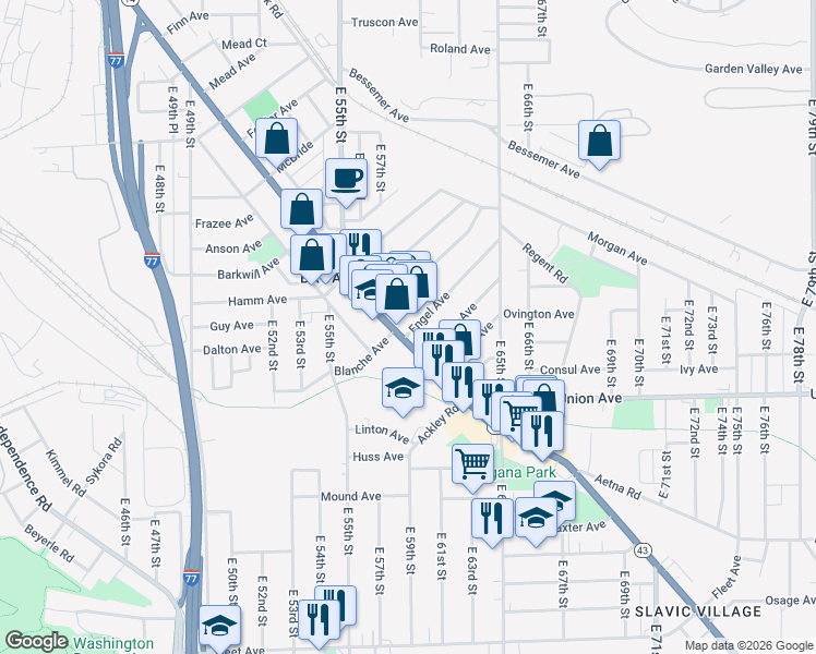 map of restaurants, bars, coffee shops, grocery stores, and more near 5949 Engel Avenue in Cleveland