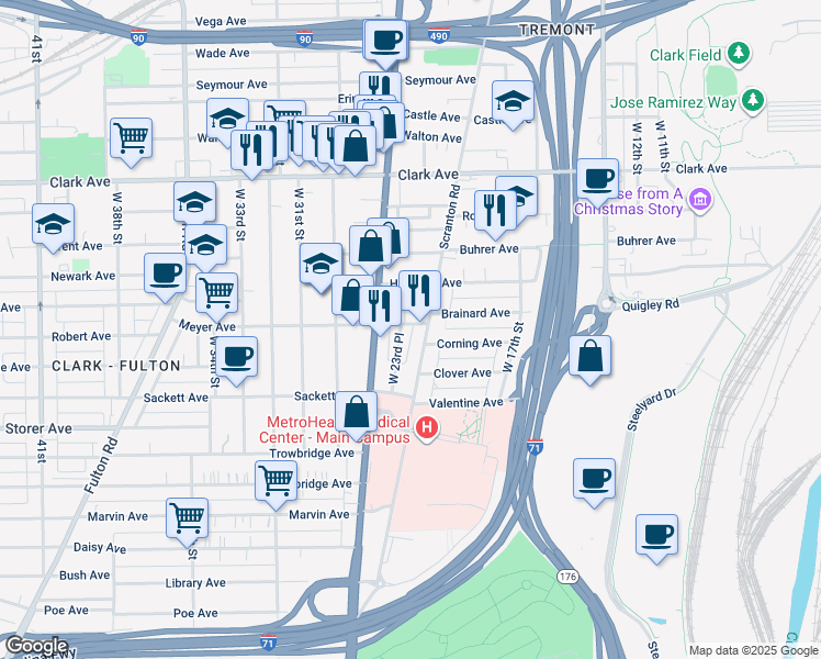 map of restaurants, bars, coffee shops, grocery stores, and more near 2306 Meyer Avenue in Cleveland