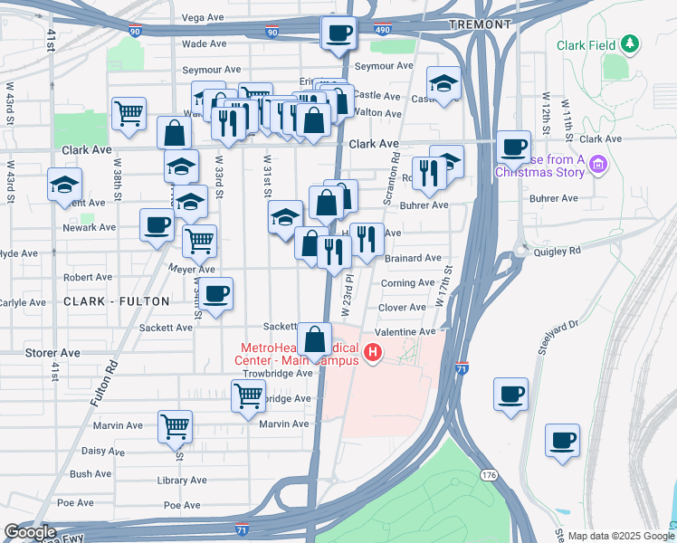 map of restaurants, bars, coffee shops, grocery stores, and more near 3236 West 25th Street in Cleveland