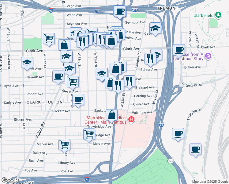 map of restaurants, bars, coffee shops, grocery stores, and more near 3236 West 25th Street in Cleveland