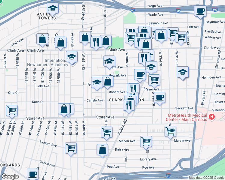 map of restaurants, bars, coffee shops, grocery stores, and more near 3920 Hyde Avenue in Cleveland