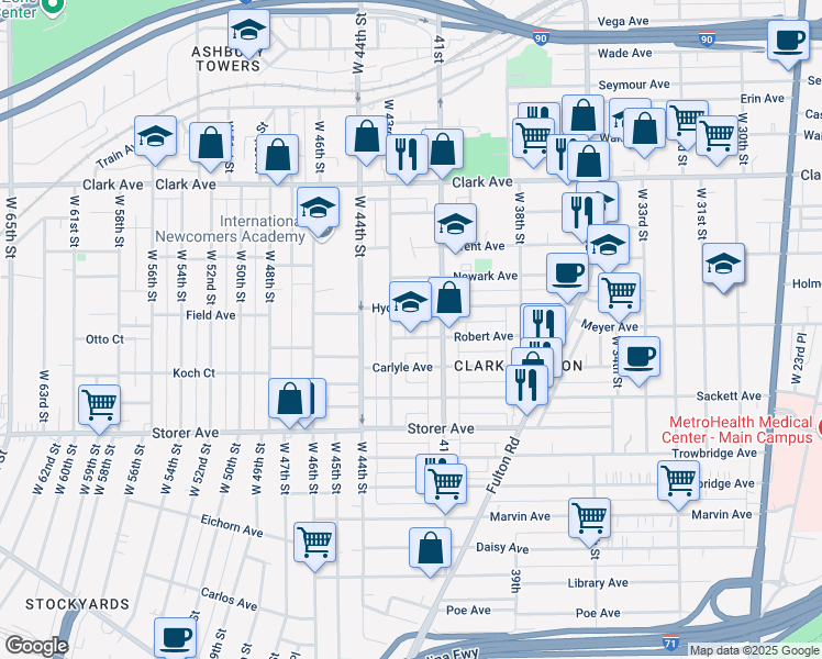 map of restaurants, bars, coffee shops, grocery stores, and more near 4131 Hyde Avenue in Cleveland