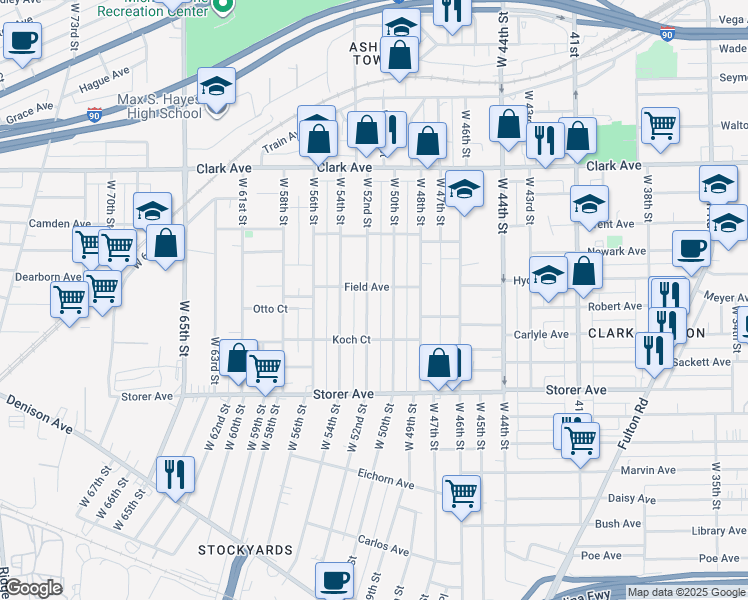 map of restaurants, bars, coffee shops, grocery stores, and more near 3230 West 50th Street in Cleveland