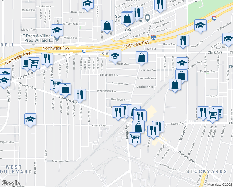 map of restaurants, bars, coffee shops, grocery stores, and more near 7703 Dearborn Avenue in Cleveland
