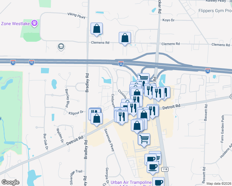 map of restaurants, bars, coffee shops, grocery stores, and more near 1544 Cedarwood Drive in Westlake
