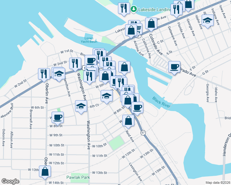 map of restaurants, bars, coffee shops, grocery stores, and more near 544 Broadway Avenue in Lorain