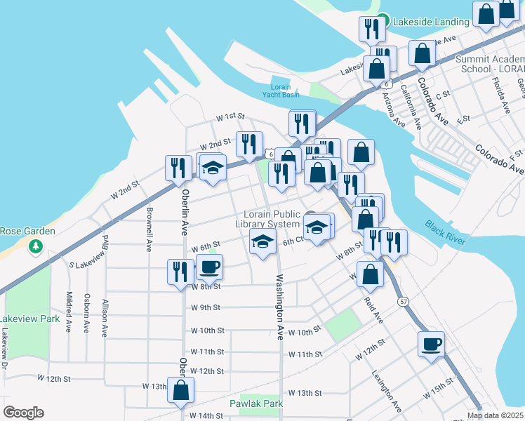 map of restaurants, bars, coffee shops, grocery stores, and more near 436 Washington Avenue in Lorain