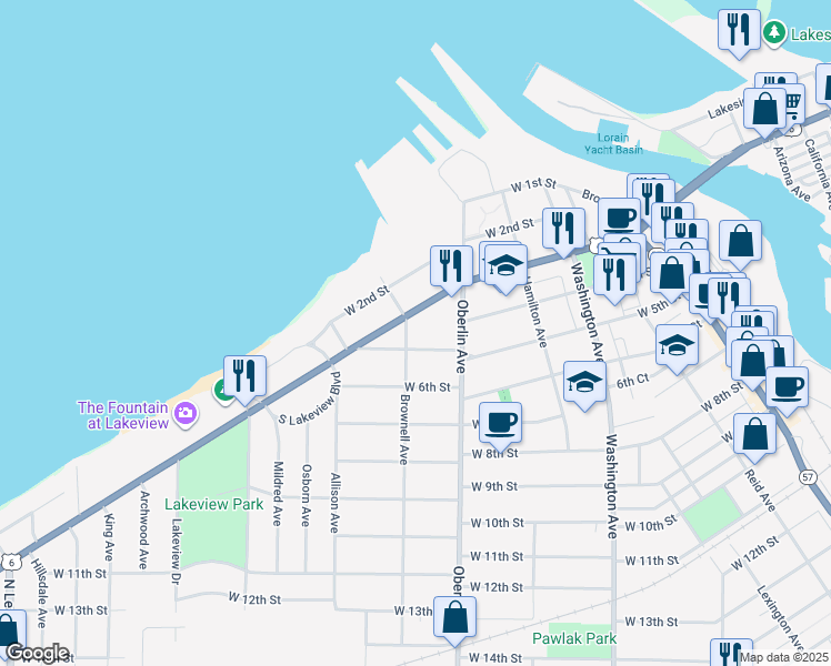 map of restaurants, bars, coffee shops, grocery stores, and more near 1239 West Erie Avenue in Lorain
