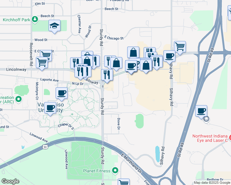 map of restaurants, bars, coffee shops, grocery stores, and more near 254 Mayfield Avenue in Valparaiso