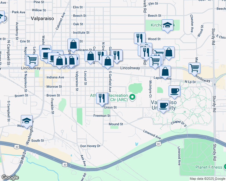 map of restaurants, bars, coffee shops, grocery stores, and more near 804 Monroe Street in Valparaiso